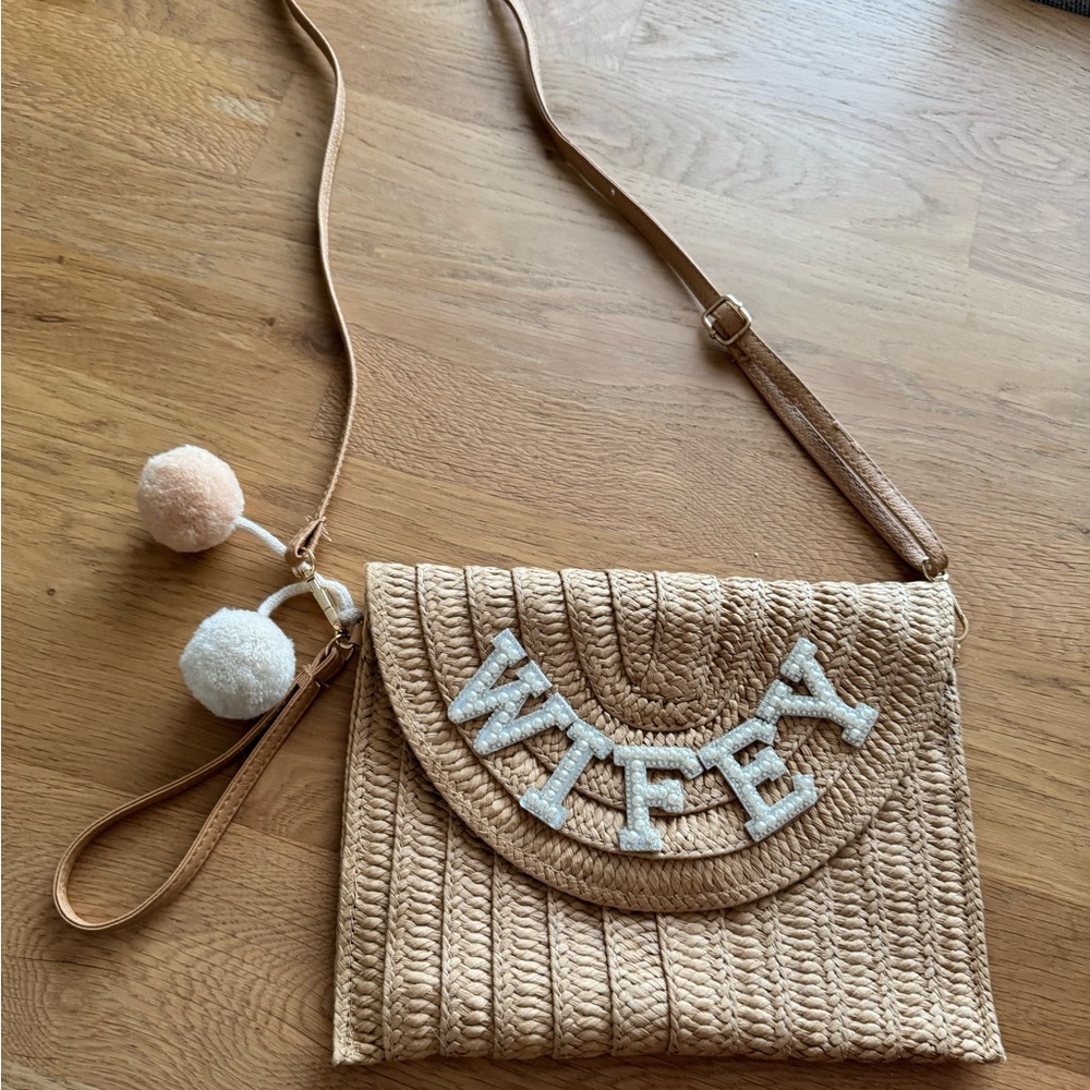 Bride Straw Shoulder Bag For Women Straw Clutch Bag Pearl Rhinestone Wedding